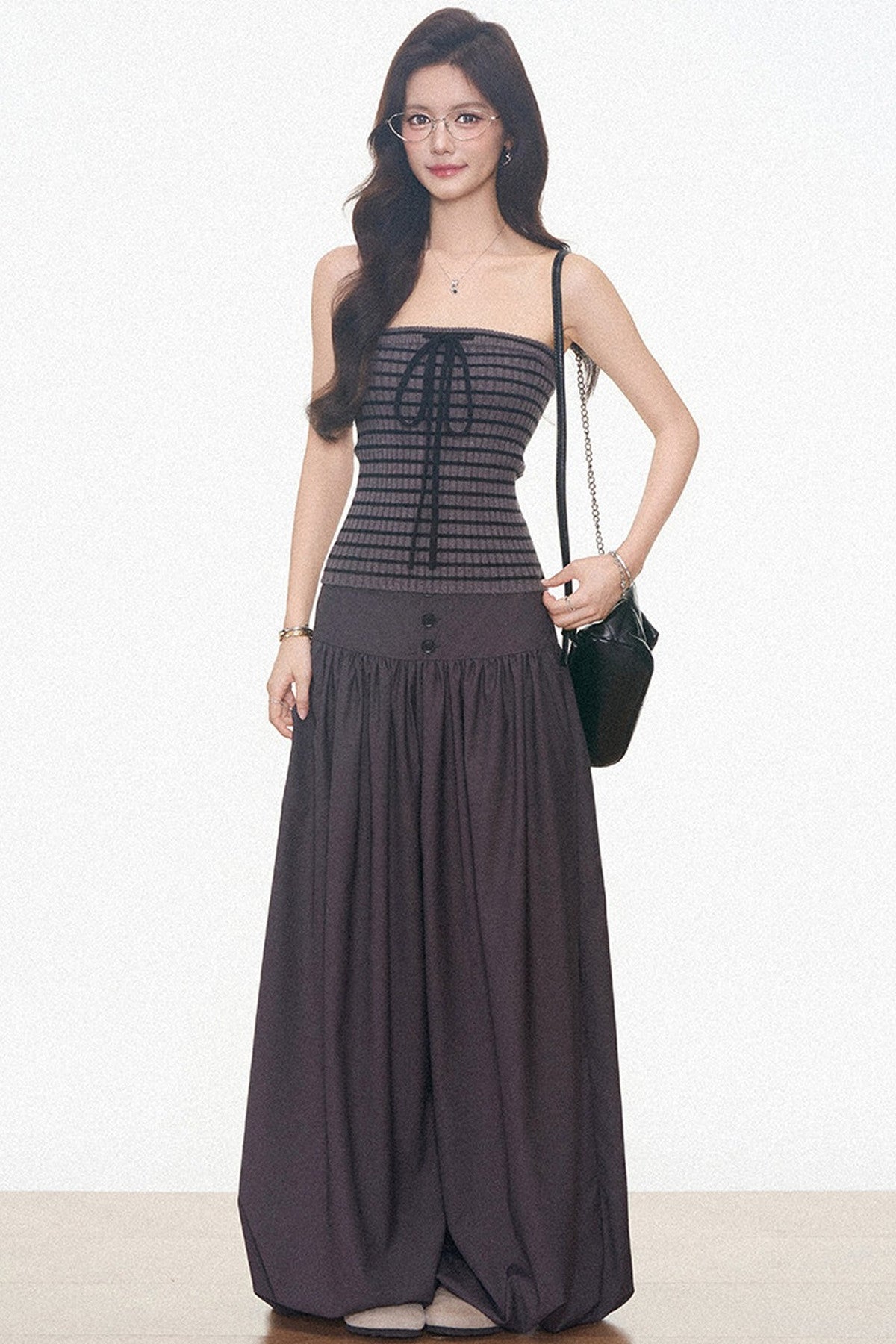Knitted Cardigan and Tube Top and Lantern Pants Set-Up