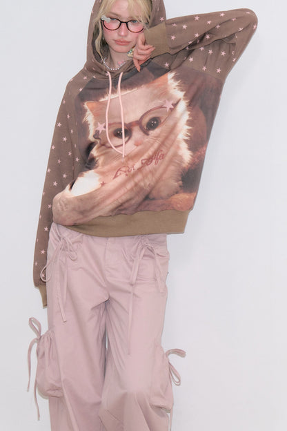 Brown Cat Star Polka Dot Hoodie