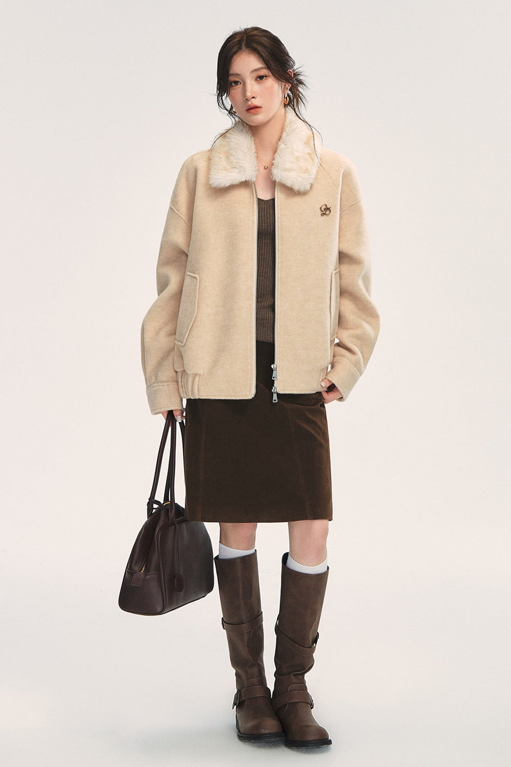 Oatmeal Loose Off-Shoulder Jacket