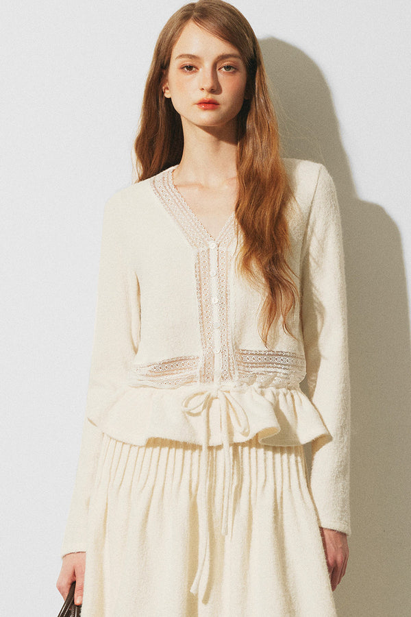 Lace Spliced Knit Cardigan and Skirt Set-Up