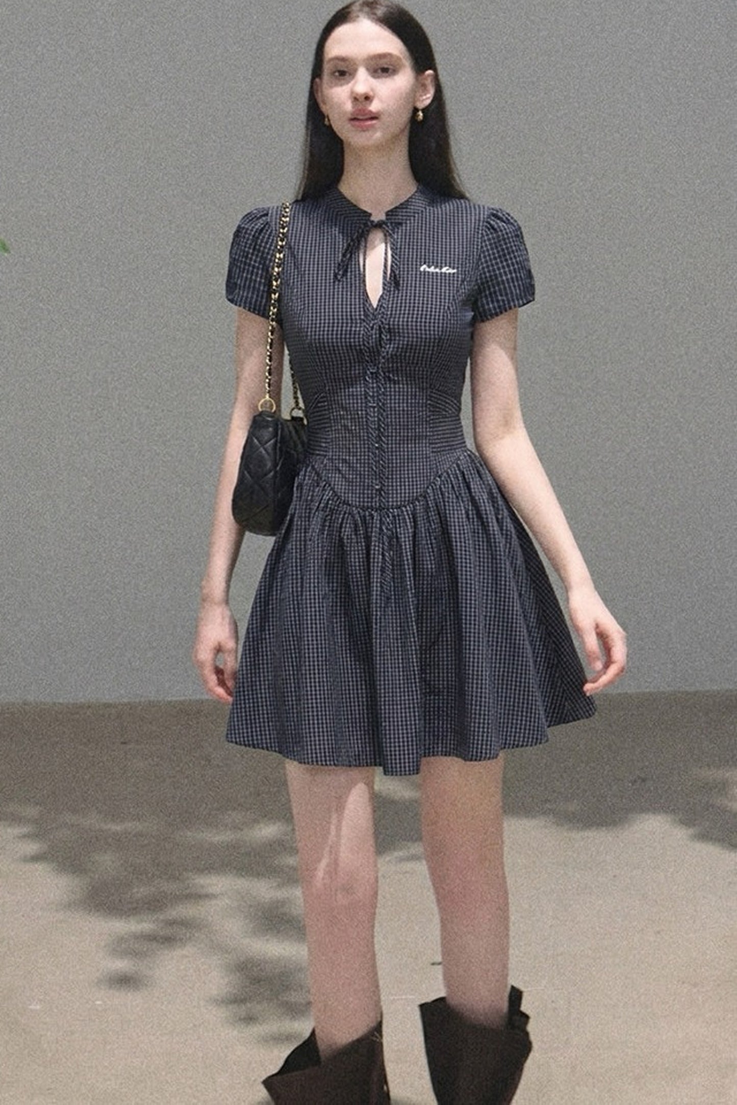 Short Sleeve Waist-Cinching Plaid Dress