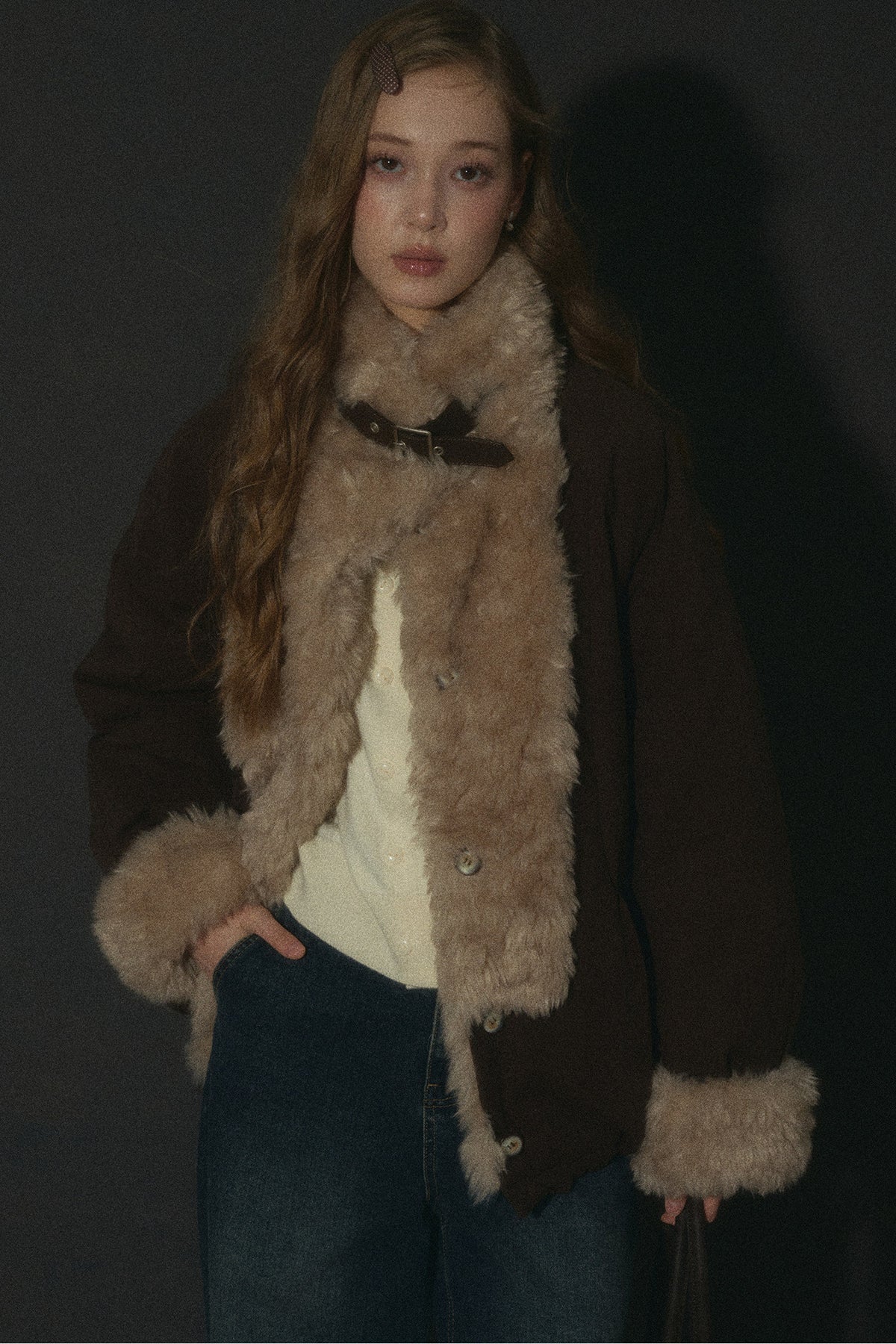 Wheat Spike Floral Plush Stand Collar Jacket