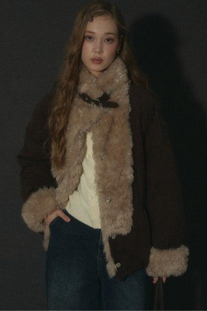Wheat Spike Floral Plush Stand Collar Jacket