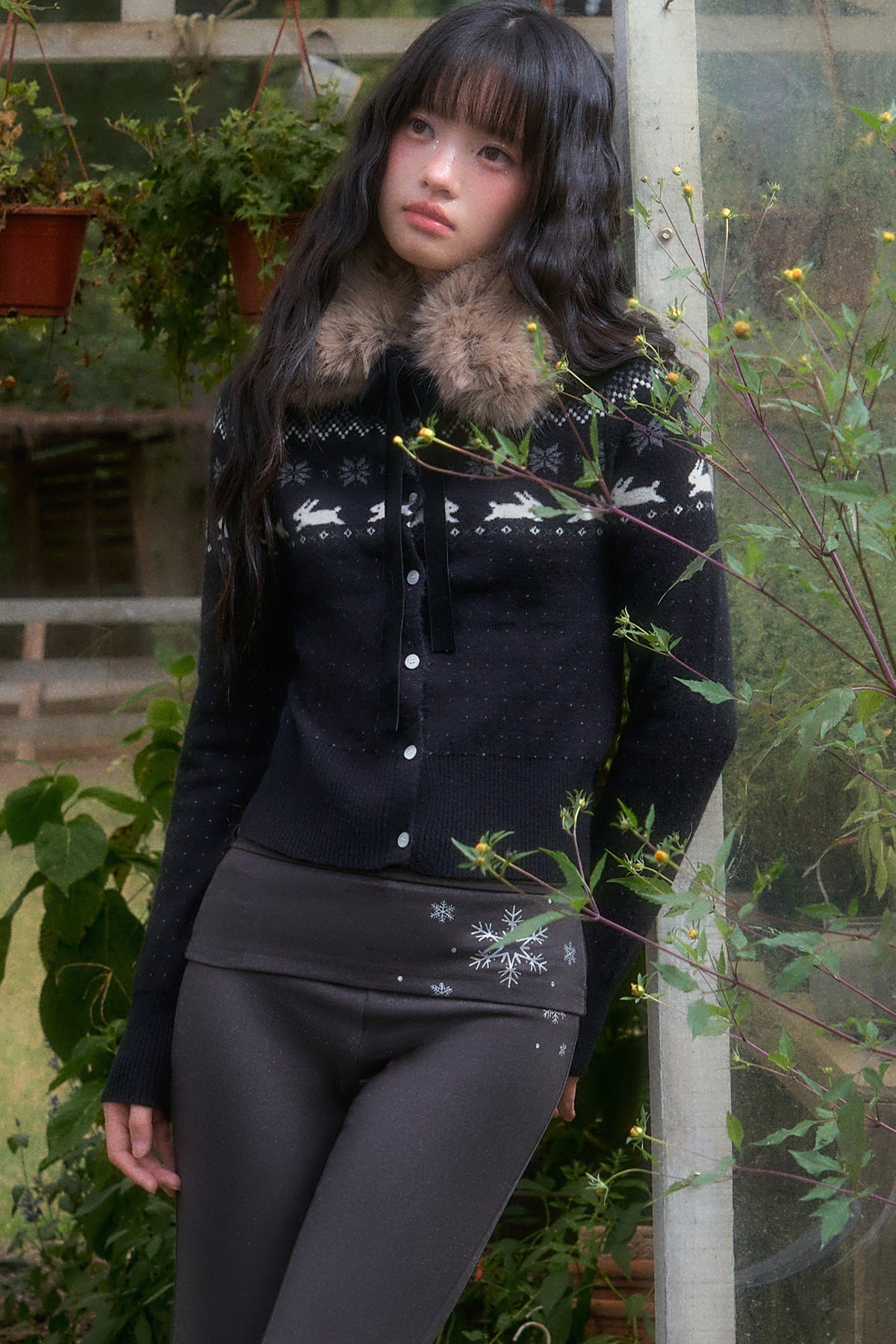 Waist-Cinching Fair Isle Rabbit Cardigan and Pants Set-Up