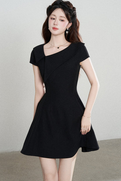 Irregular Collar Black A-Line Dress