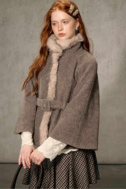 Floral Fur Collar Woolen Cape