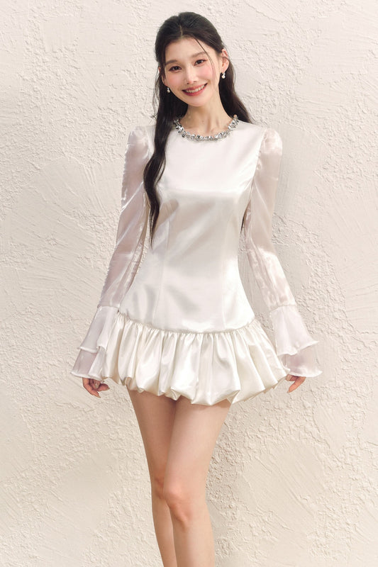 Pearl White Satin Long-Sleeved Flower Bud Dress