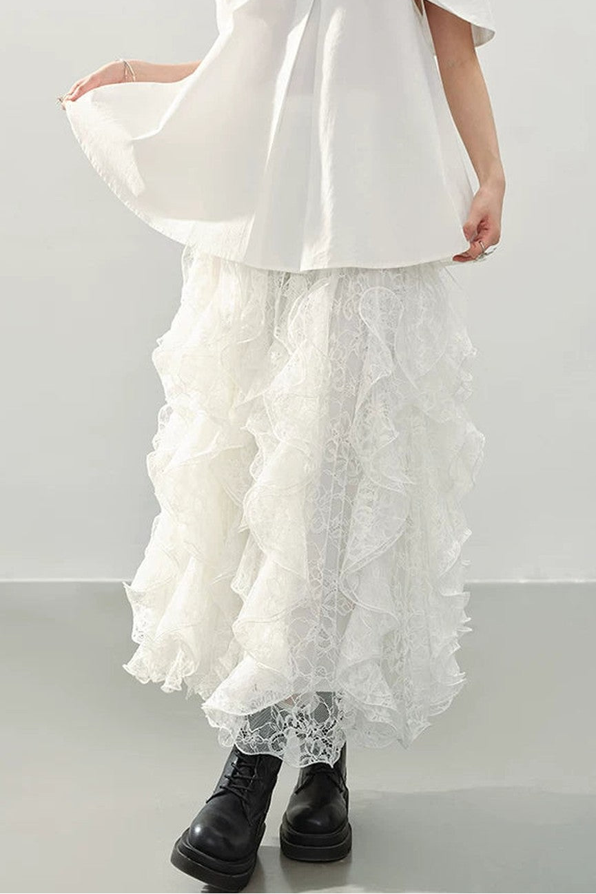 White Lace Ruffle Midi Skirt
