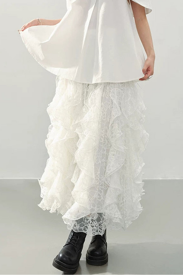 White Lace Ruffle Midi Skirt