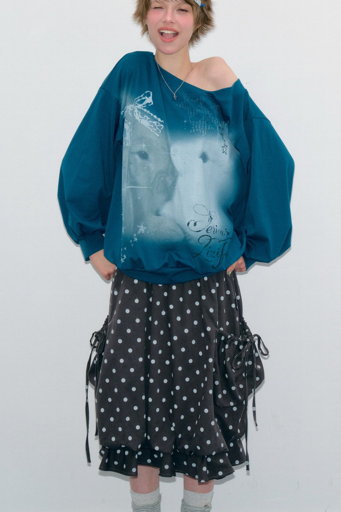 Rabbit Print Lantern Sleeve Off-Shoulder Sweatshirt