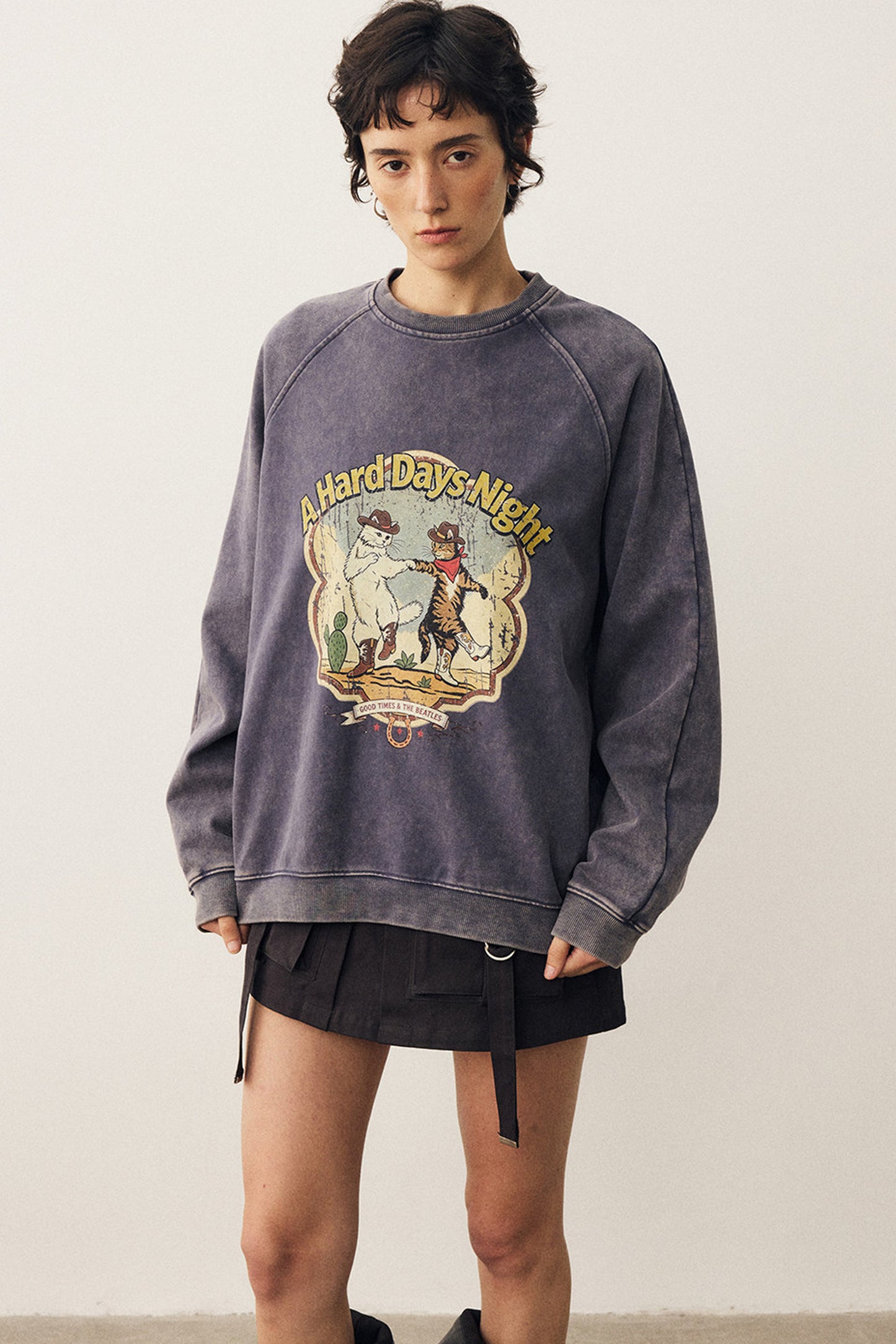 Washed Cat Print Sweatshirt and Pants Set