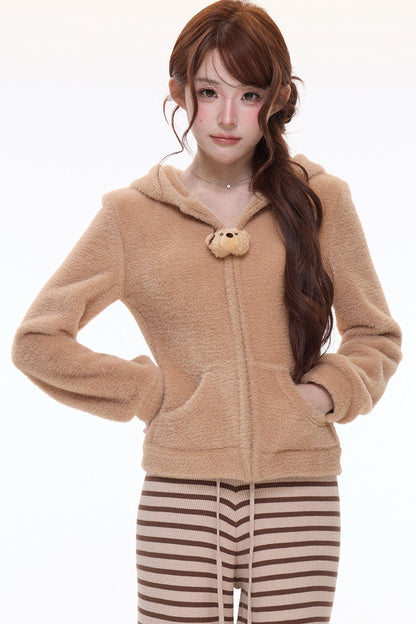 Teddy Bear Hooded Jacket and Striped Knit Pants Set-Up