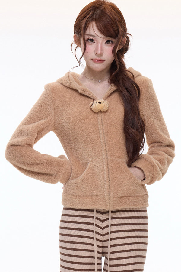 Teddy Bear Hooded Jacket and Striped Knit Pants Set-Up