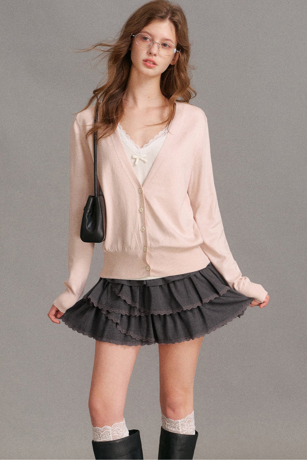 Long-Sleeve V-Neck Lace Trim Patchwork Knit Cardigan