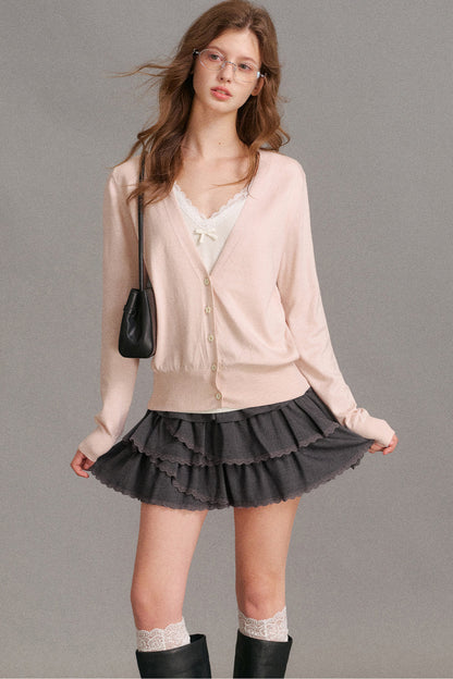 Long-Sleeve V-Neck Lace Trim Patchwork Knit Cardigan