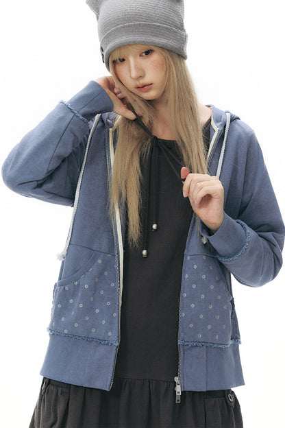 Distressed Floral Print Hooded Open Front Jacket