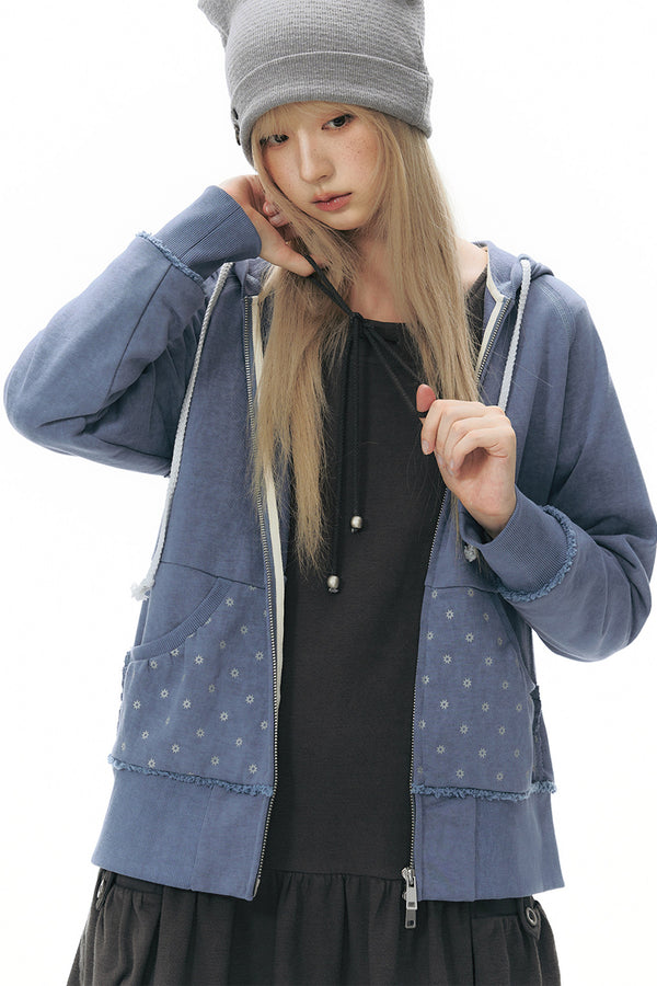 Distressed Floral Print Hooded Open Front Jacket