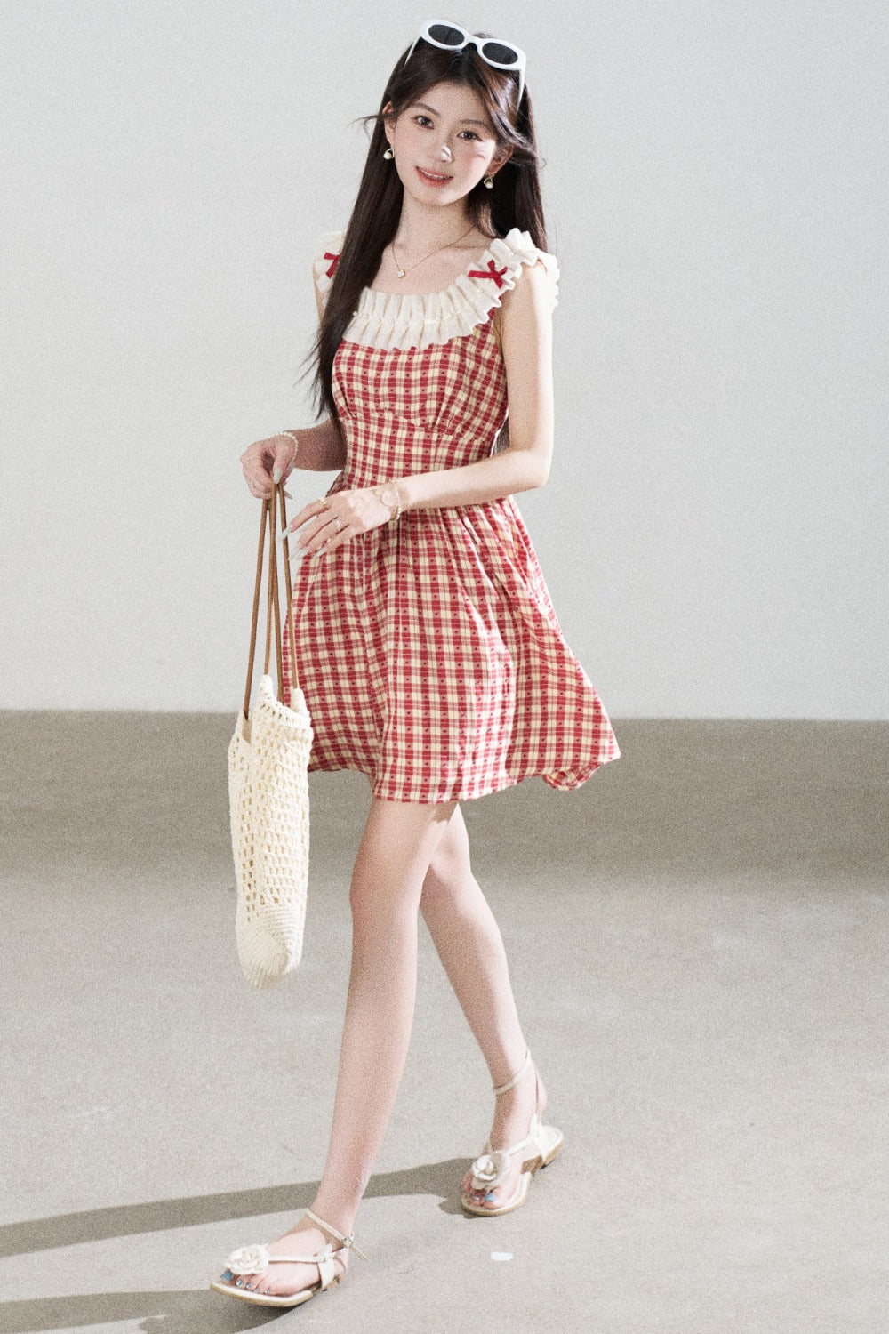Red Plaid Sleeveless Ruffle Dress