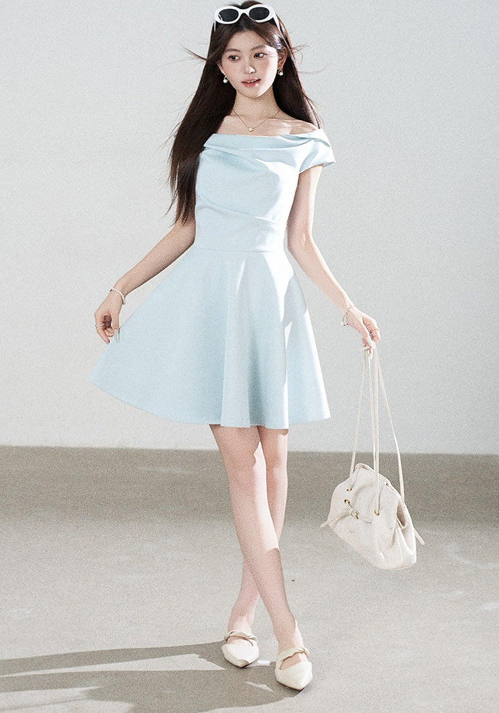 Lake Green Tencel Off-Shoulder A-Line Dress
