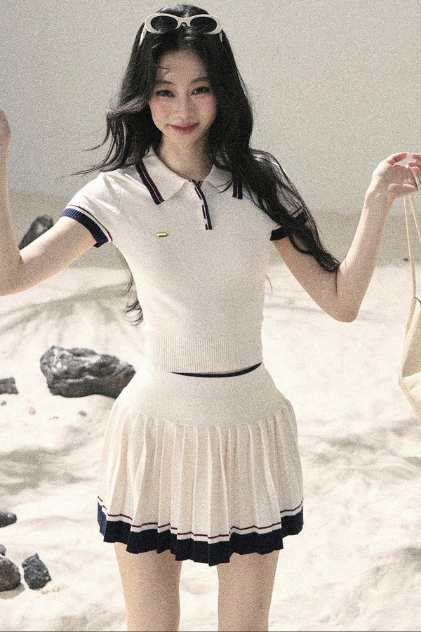 Knit Polo Top And Pleated Skirt Set-Up