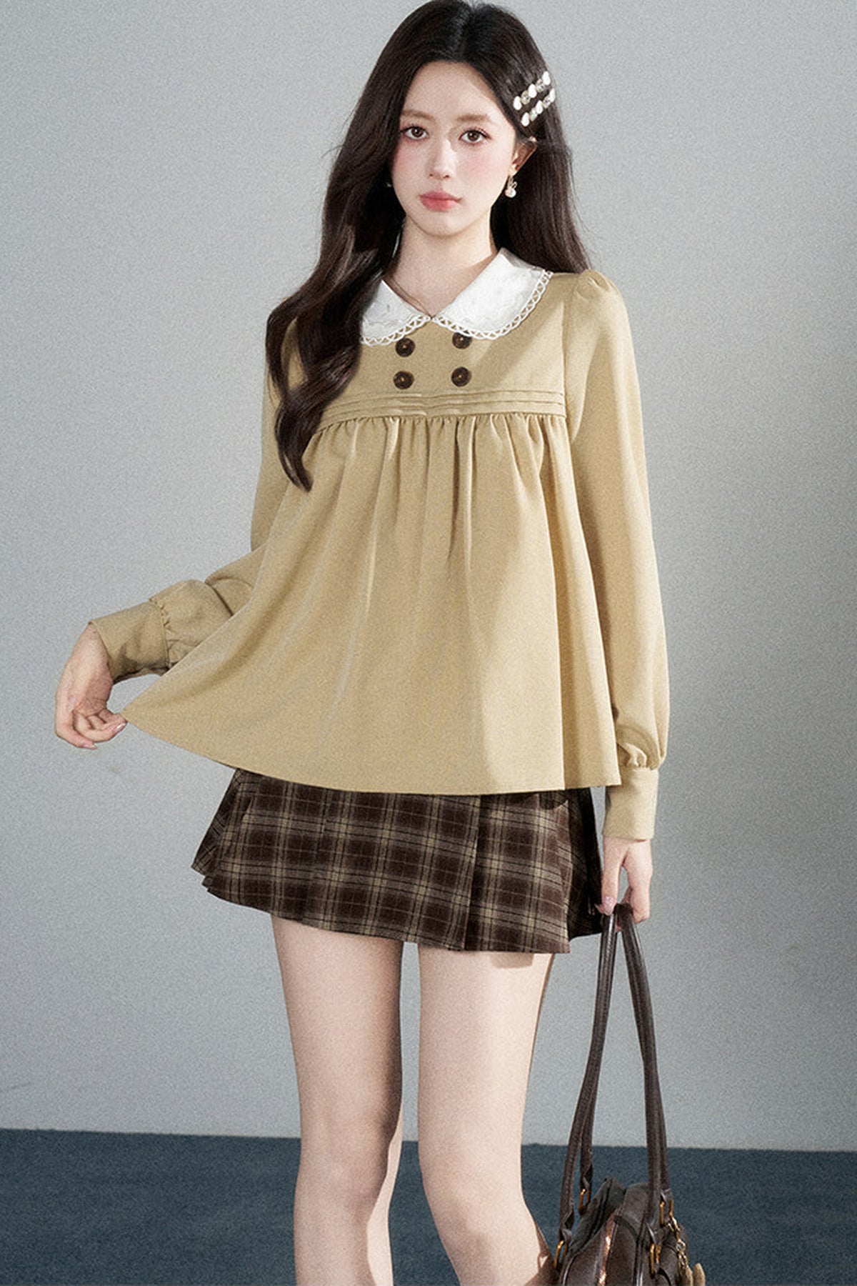 Khaki Doll Collar Pullover Shirt and Skirt Set-Up