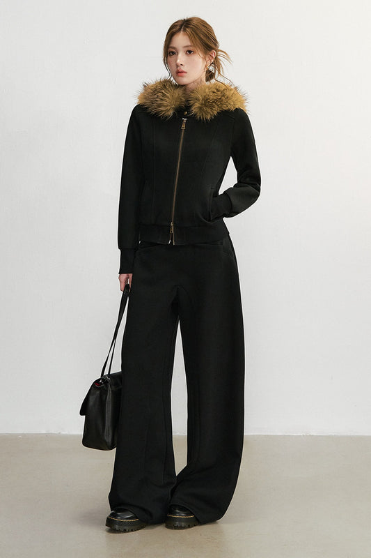 Zippered Hooded Jacket and Wide-Leg Sweatpants Set-Up