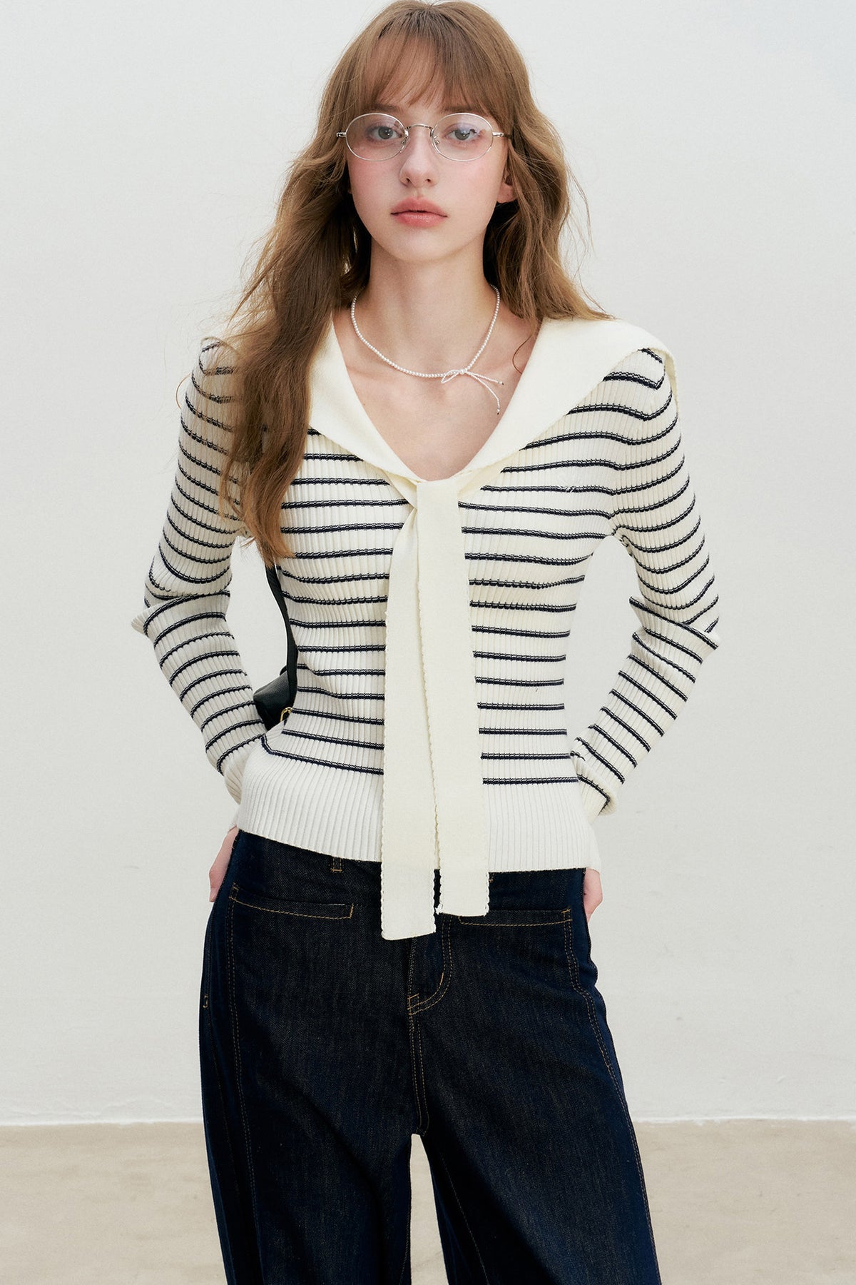 Navy Striped Sailor Collar Knit Top