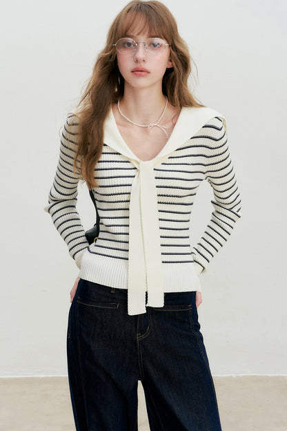 Navy Striped Sailor Collar Knit Top