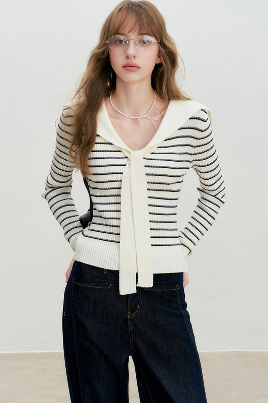 Navy Striped Sailor Collar Knit Top