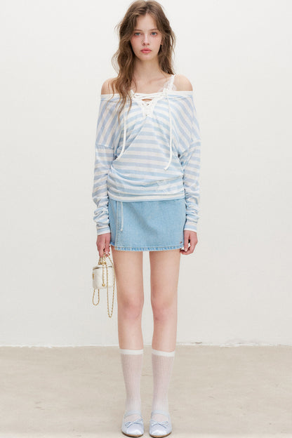 Striped Tie-Waist Top and Denim Skirt Set-Up