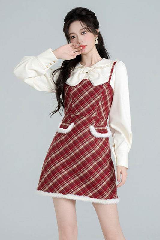 Red Plaid Dress and Apricot Shirt Set-Up