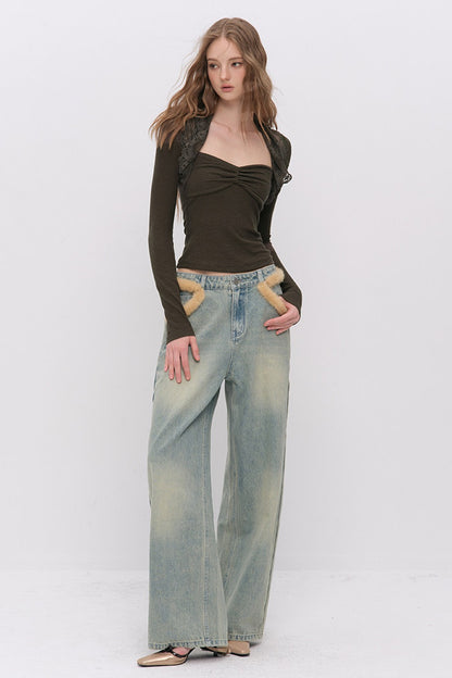 Fur Patch Wide-Leg Jeans