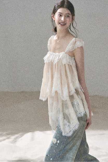 Asymmetric French Lace Mesh Top Set