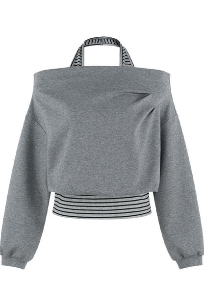 One-Shoulder Striped Sweatshirt and Wide-Leg Pants Set-Up