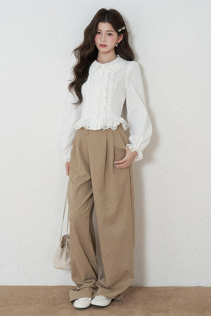 White Long-Sleeved Loose Pullover Doll Collar Shirt