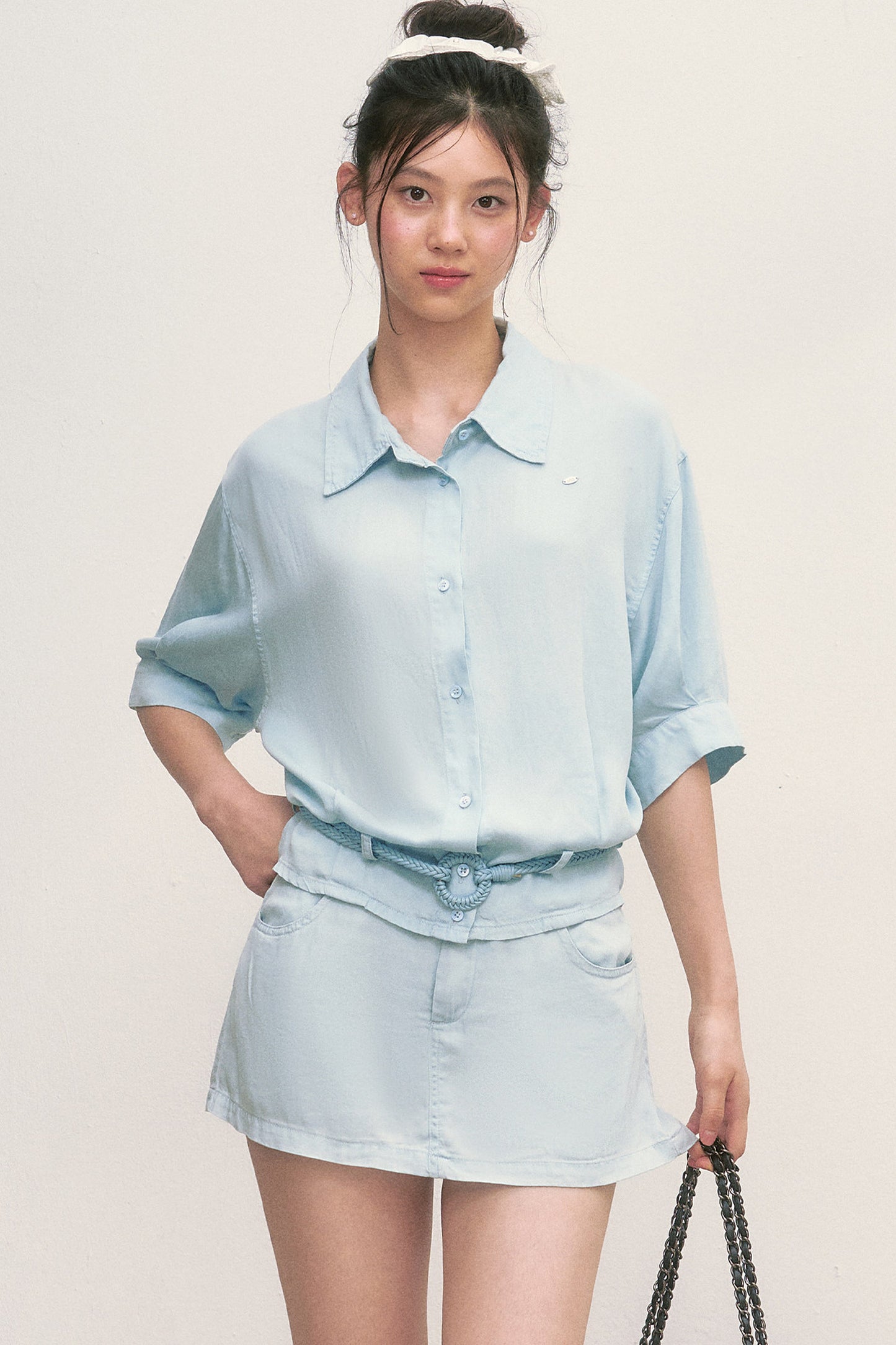 Short Sleeve Light Blue Shirt and Skirt Set-Up