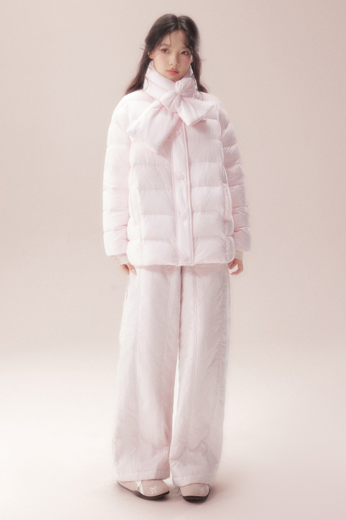 Bow-Knot Scarf Mid-Length Down Jacket