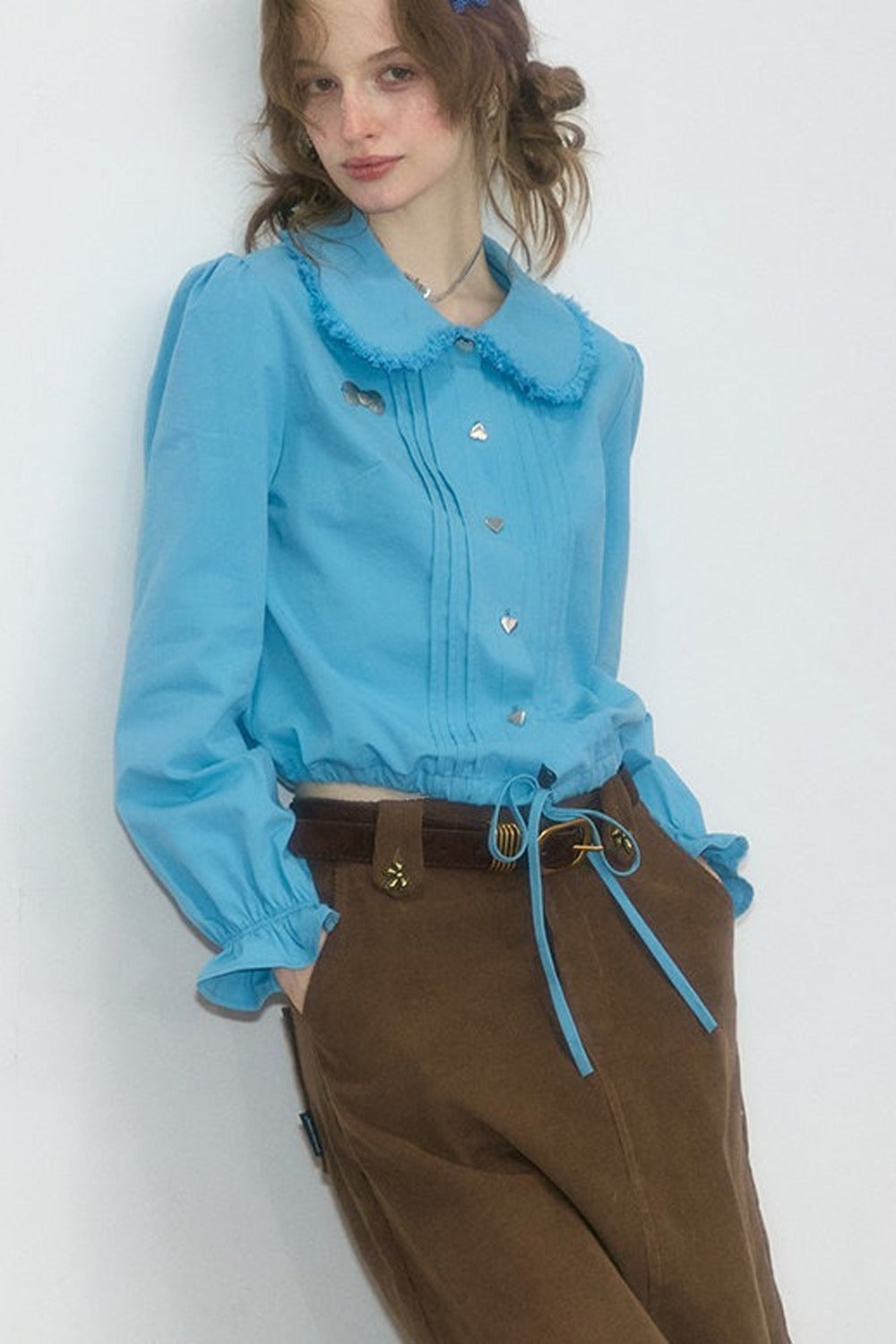 Tassel Doll Collar Puff Sleeve Shirt