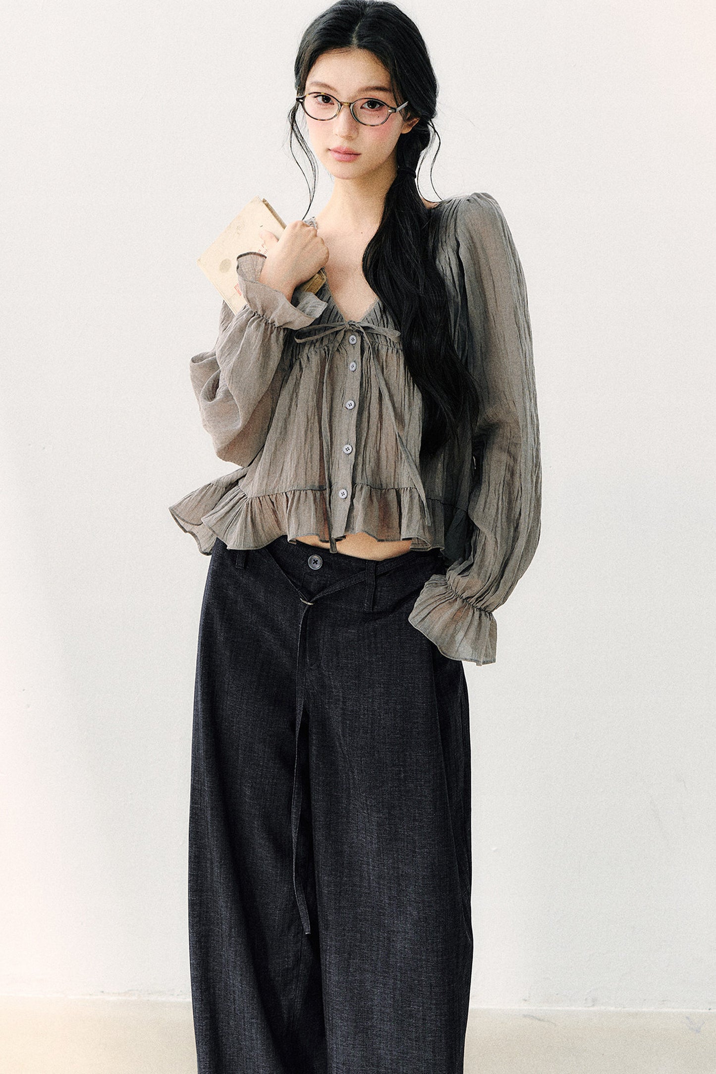 Ruffled V-Neck Long-Sleeved Chiffon Top