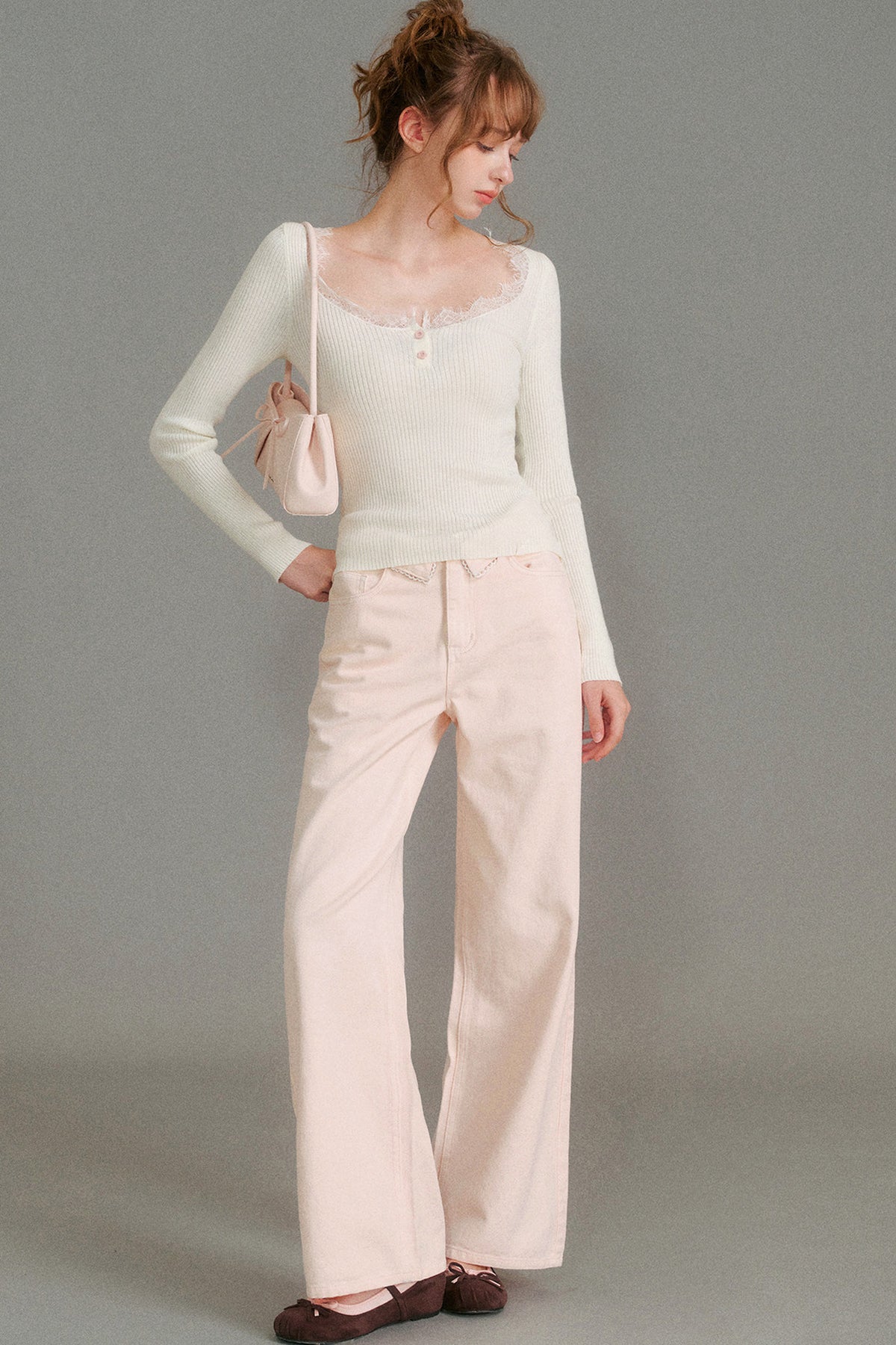 100% Cotton Folded Waistband Wide-Leg Jeans