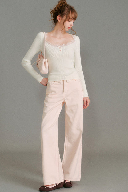 100% Cotton Folded Waistband Wide-Leg Jeans