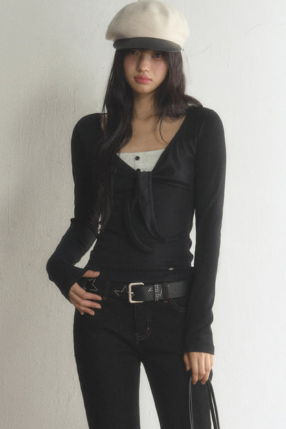 V-Neck Bow Contrast Long-Sleeve Top and Pants Set-Up