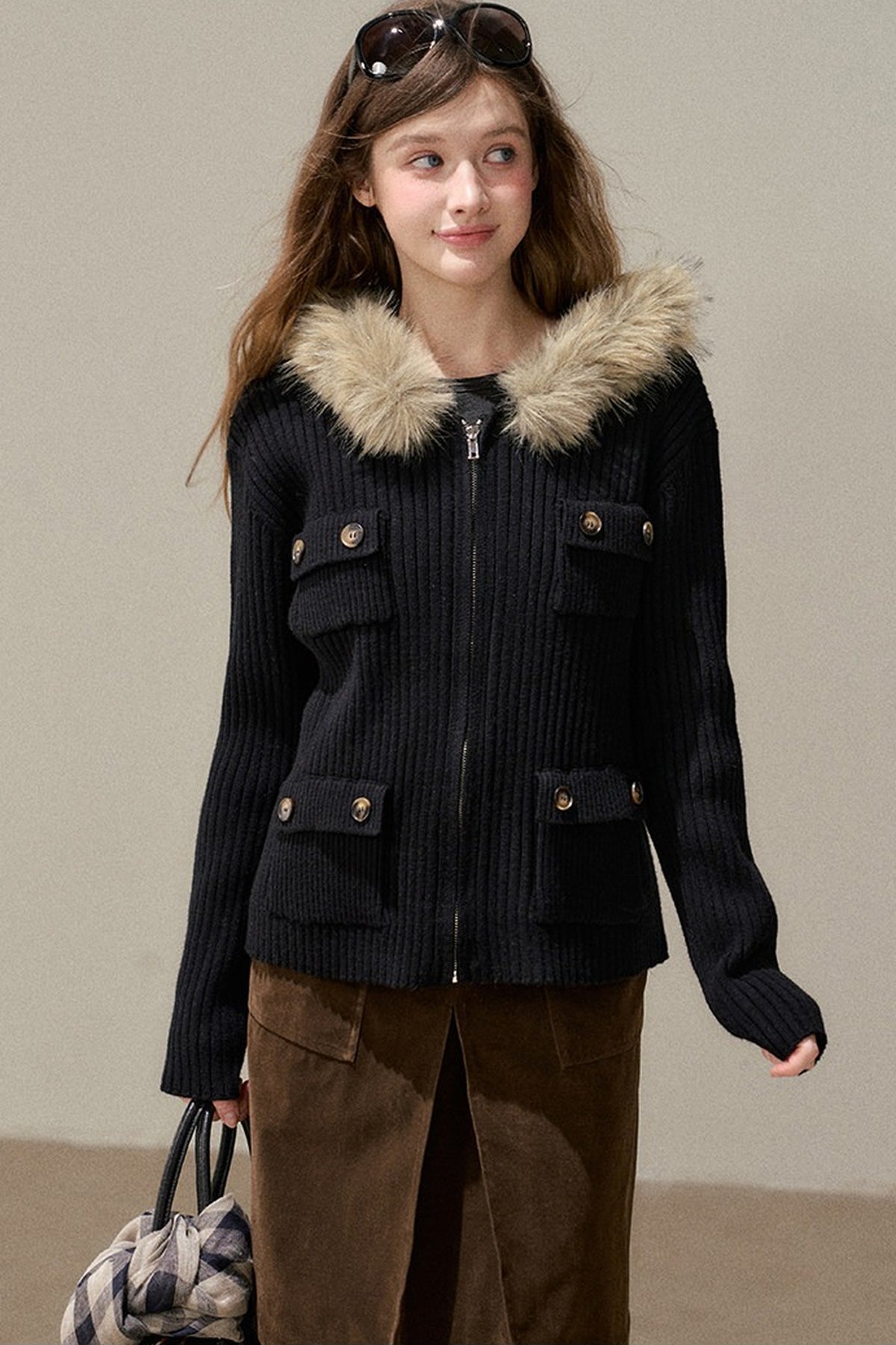 Hooded Ribbed Stripe Knit Cardigan