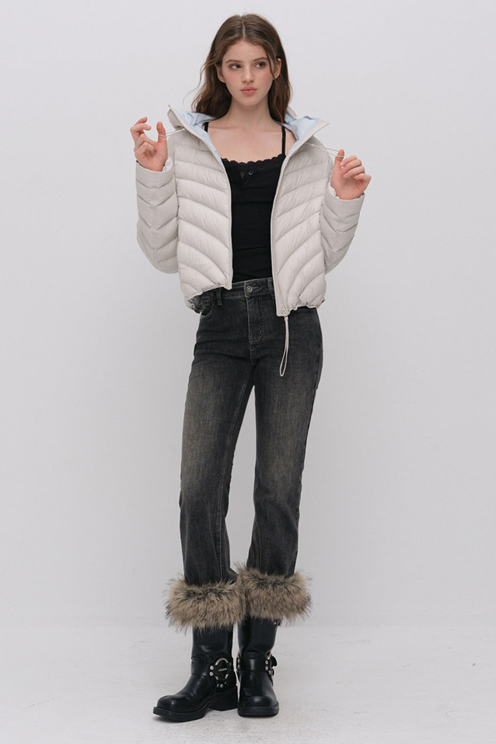 3D Quilted Drawstring Hooded Down Jacket