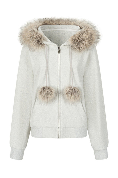 Fur Trim Hooded Sweatshirt and Sweatpants Set-Up