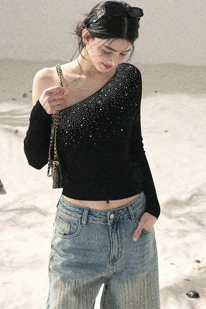 American-Style Rhinestone Wide-Leg Jeans