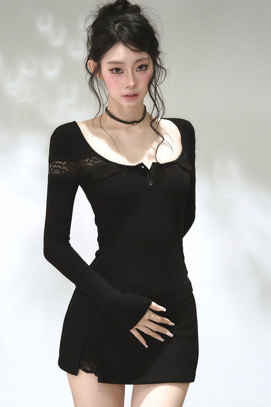 Ribbed Lace Long-Sleeve T-Shirt