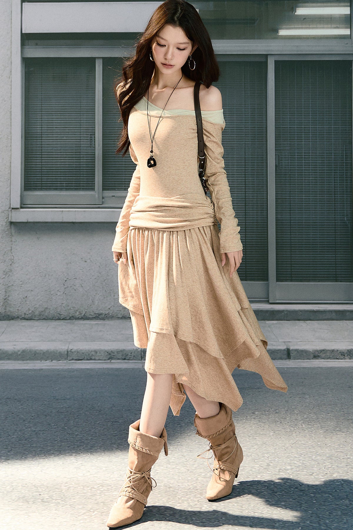 Long-Sleeved Asymmetrical Knitted Dress
