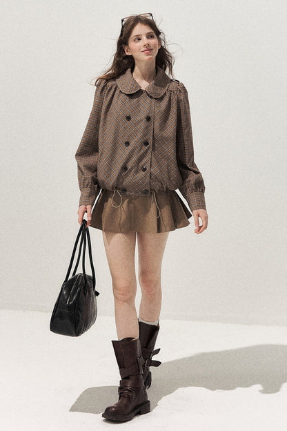 Brown Doll Collar Trench Coat and Skirt Set-Up