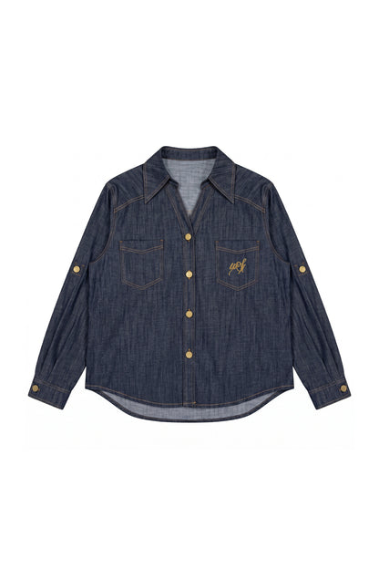 Set aus Jeansoptik-Hemd, weiter Hose und Jacke